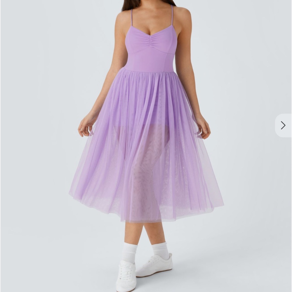 Halara – Lace-up Back Dress with Mesh/Tulle Skirt (Orchid Bloom), Size XL. NWT.